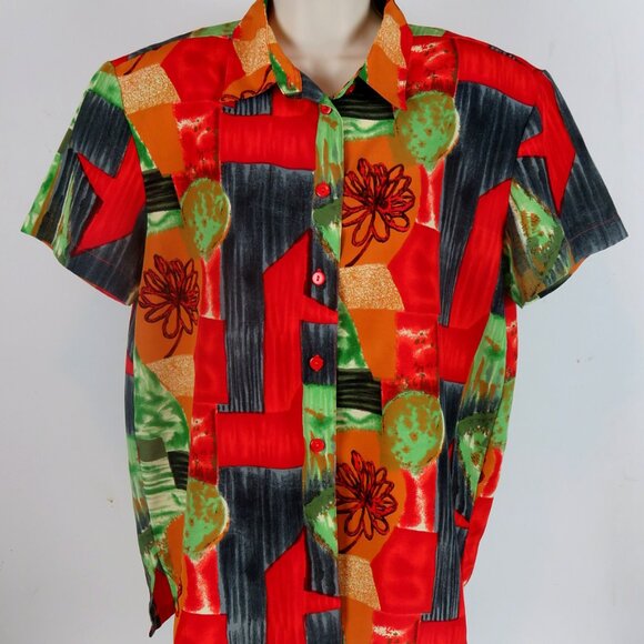 Exclusive by Whispers Shirt Size Med Floral Abstract Short Sleeve Shoulder Pads - Picture 2 of 7